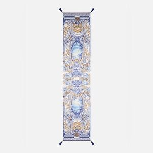 Camilla “Azul Adventures” blue gold silk long scarf head wrap top belt shawl